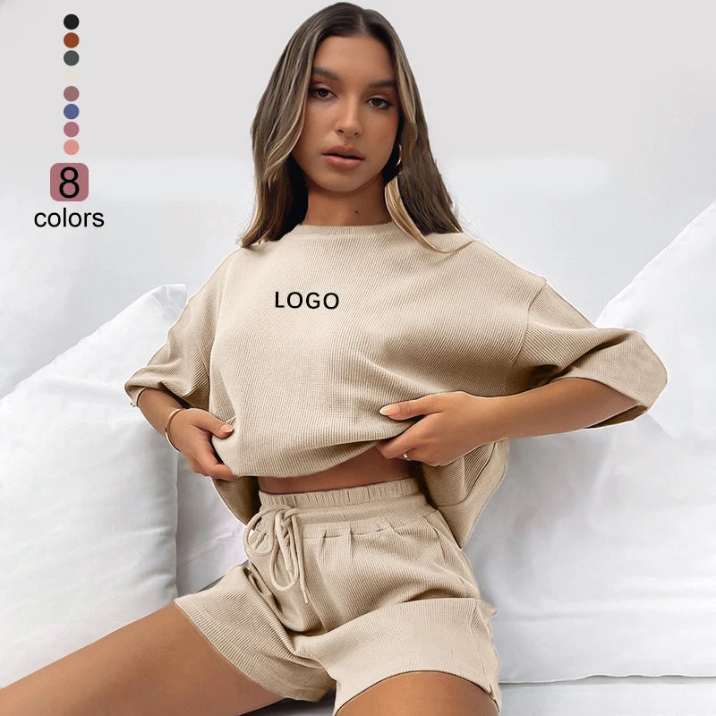 Women Blank Crewneck Sweatshirt Sweatsuits Short Set  Custom Two Piece Short Sweatpants Set Jogger 2 Two Piece Shorts Tracksuits