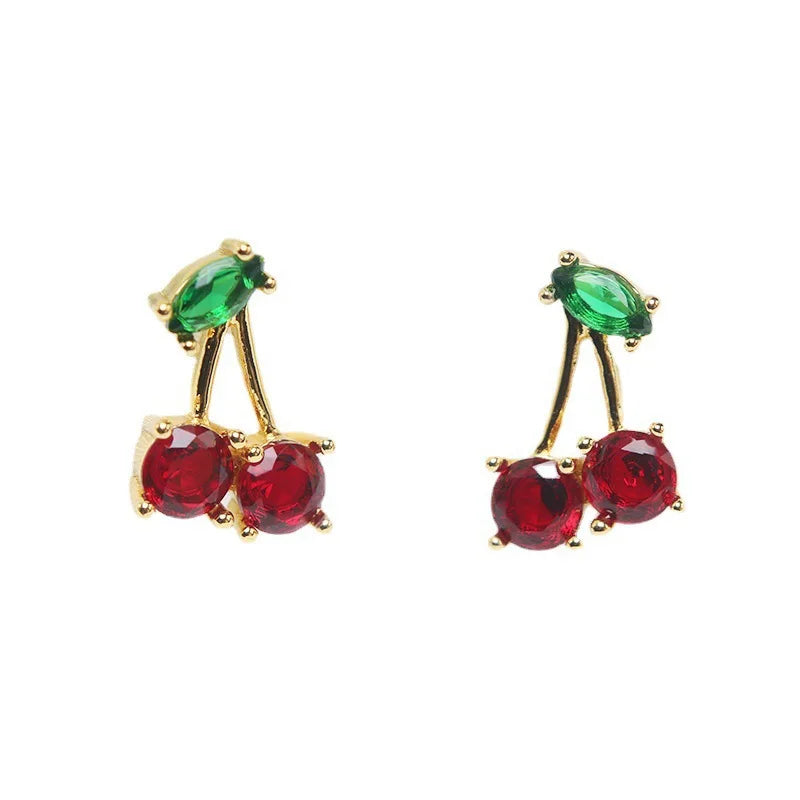 Alloy  Zircon Cherry Leaf Stud Earrings Women Piercing Jewelry for Fashion Crystal Dangle