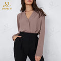 OEM ODM Manufacturers Custom Women Brown Silk Shirt Tops Lady Long Sleeve Office Silk Ladies Satin Casual Blouses