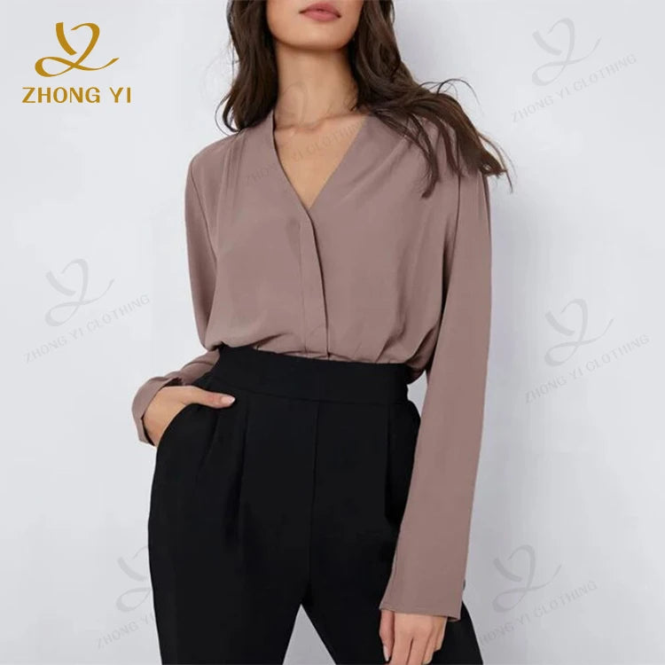 OEM ODM Manufacturers Custom Women Brown Silk Shirt Tops Lady Long Sleeve Office Silk Ladies Satin Casual Blouses
