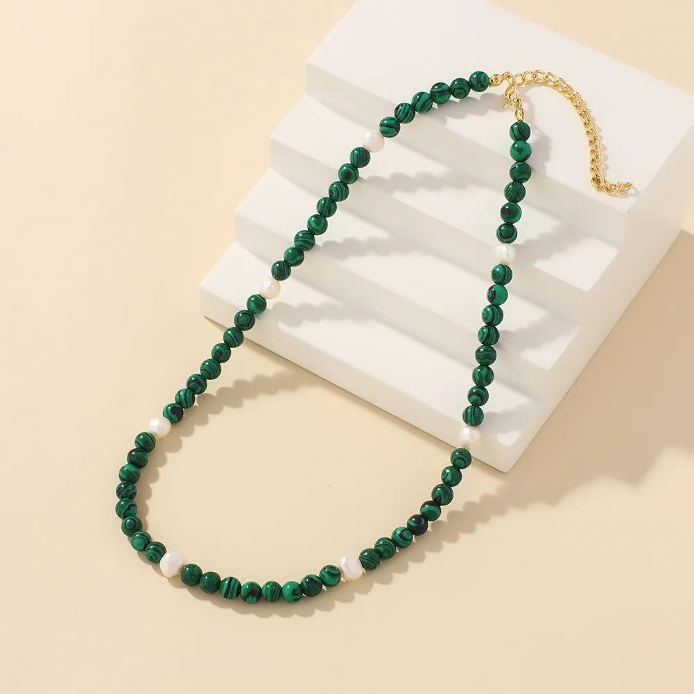 Bohemia Semi-Precious Gemstone Necklace Dainty Green Malachite Beaded Necklace Baroque Pearl Charm Jewelry for Women Girls Gift