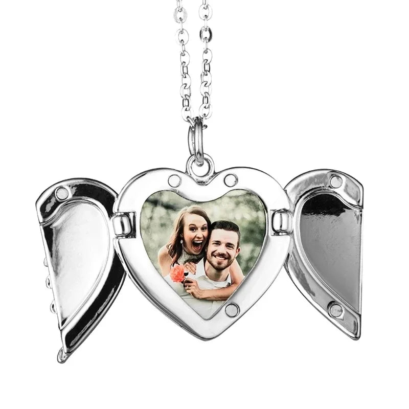 Trendy Angel Wing Locket Necklace Personalized Photo Heart Shaped Charm Necklace Custom Picture Locket Necklace for Women