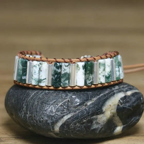 Natural Tree Agate Beaded Bracelet for Women Fine Jewelry Vintage Leather Wrap Natural Tube Cuff Gemstone Bracelet for Women Men