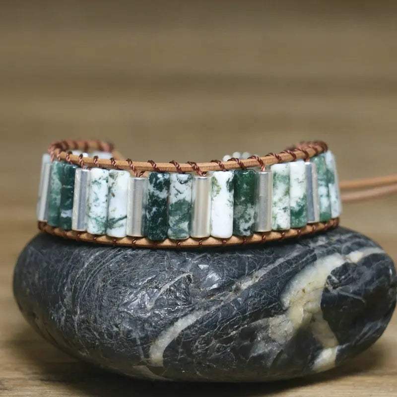 Natural Tree Agate Beaded Bracelet for Women Fine Jewelry Vintage Leather Wrap Natural Tube Cuff Gemstone Bracelet for Women Men