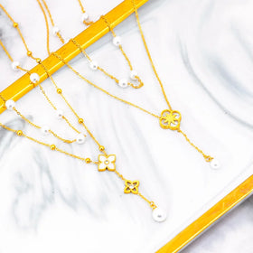Wholesale No Fade Titanium Steel Korean Luxury Double Layered Pearl Tassel Flower Moon Star Necklace