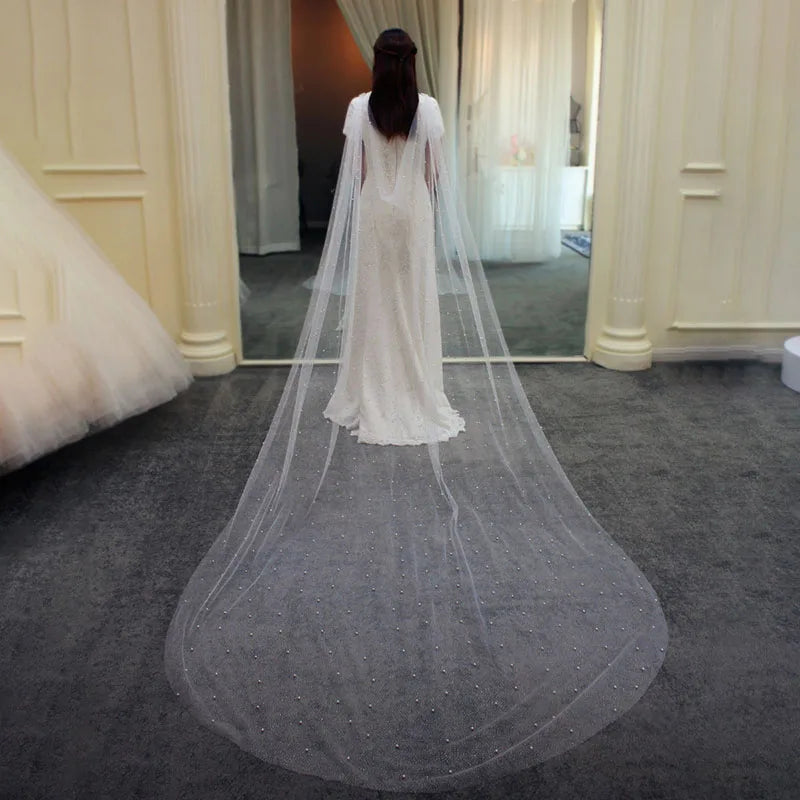 SLBRIDAL Cut Edge Pearl Wedding Long Cathedral Veils With Comb White Bridal Veils Wedding Accessories for Bride Mariage Women