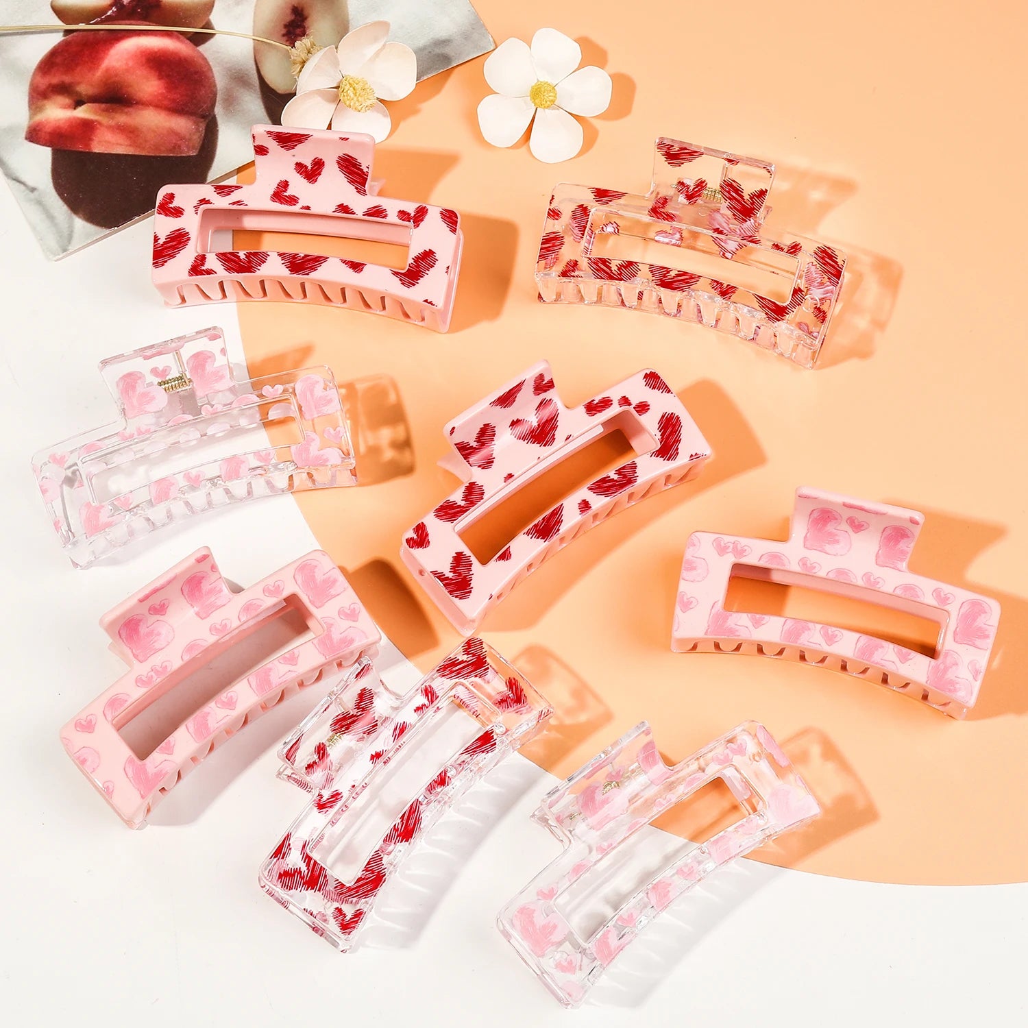 QIYUE 8 Pcs Valentine's Day Heart Hair Claw Clips for Women Pink Rectangle Hair Clips Cute Non-slip Medium Size Ponytail Holders