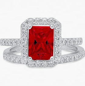 Emerald Cut Flawless Natural Red Garnet Designer Wedding 14k Gold Eternity Luxury Rings