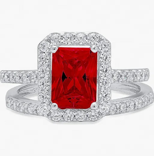 Emerald Cut Flawless Natural Red Garnet Designer Wedding 14k Gold Eternity Luxury Rings