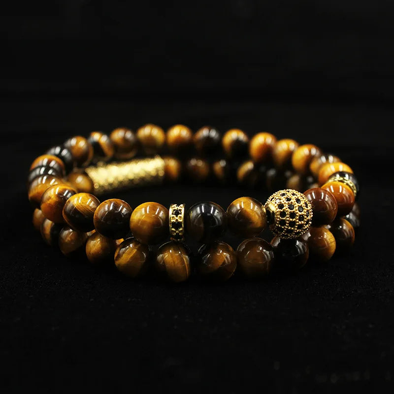 Microscope Beads Bracelet Natural Tiger Eye Beads Round Bracelet 2pcs/set ST143