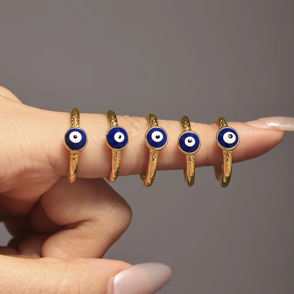 Tarnish Free Jewelry Stainless Steel 18k Gold Plated Oil Drop Ring Blue Enamel Evil Eyes Finger Ring Women Accessories Bague