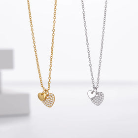 Pave Zircon Double Heart Pendant Fine Newly 925 Sterling Silver Necklace Jewelry Women
