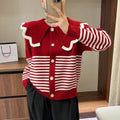 Autumn Fashion Girls Doll Collar Knitted Korean Cardigan Jumper Jacket Female New Striped Loose Long-sleeved Splicing Tops