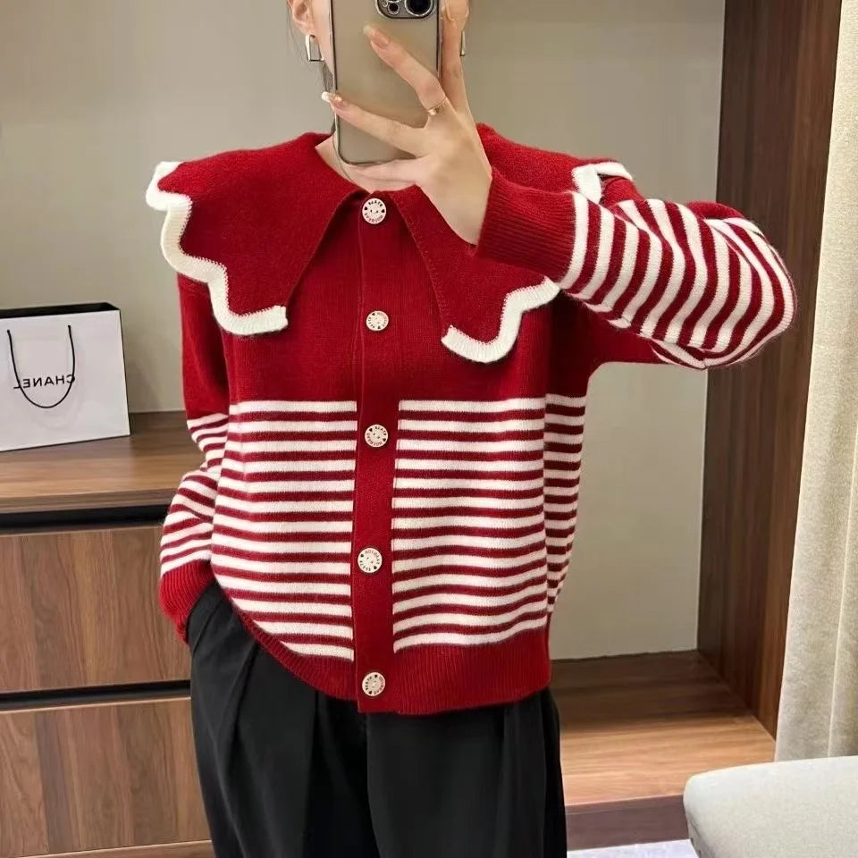 Autumn Fashion Girls Doll Collar Knitted Korean Cardigan Jumper Jacket Female New Striped Loose Long-sleeved Splicing Tops