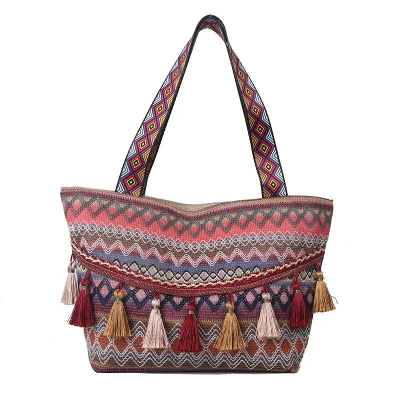 Wholesale  Fashion Shoulder Crossbody Bag Autumn Vintage Large Capacity Tassels Portable Travel Beach Handbag Ethnic Tote Bag