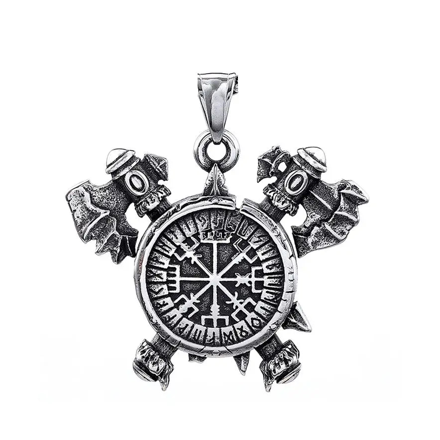 Custom Vintage Stainless Steel Double Axe Runic Compass Norse Viking Jewelry Pendants Necklace for Men Daily Wear