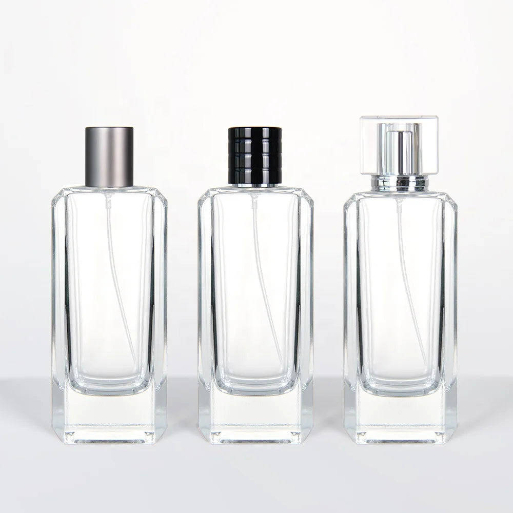 Factory Direct 100ml Clear Glass Perfume Bottle with Pump Sprayer and Lid Cheap Bulk Square Cosmetic Empty Containers