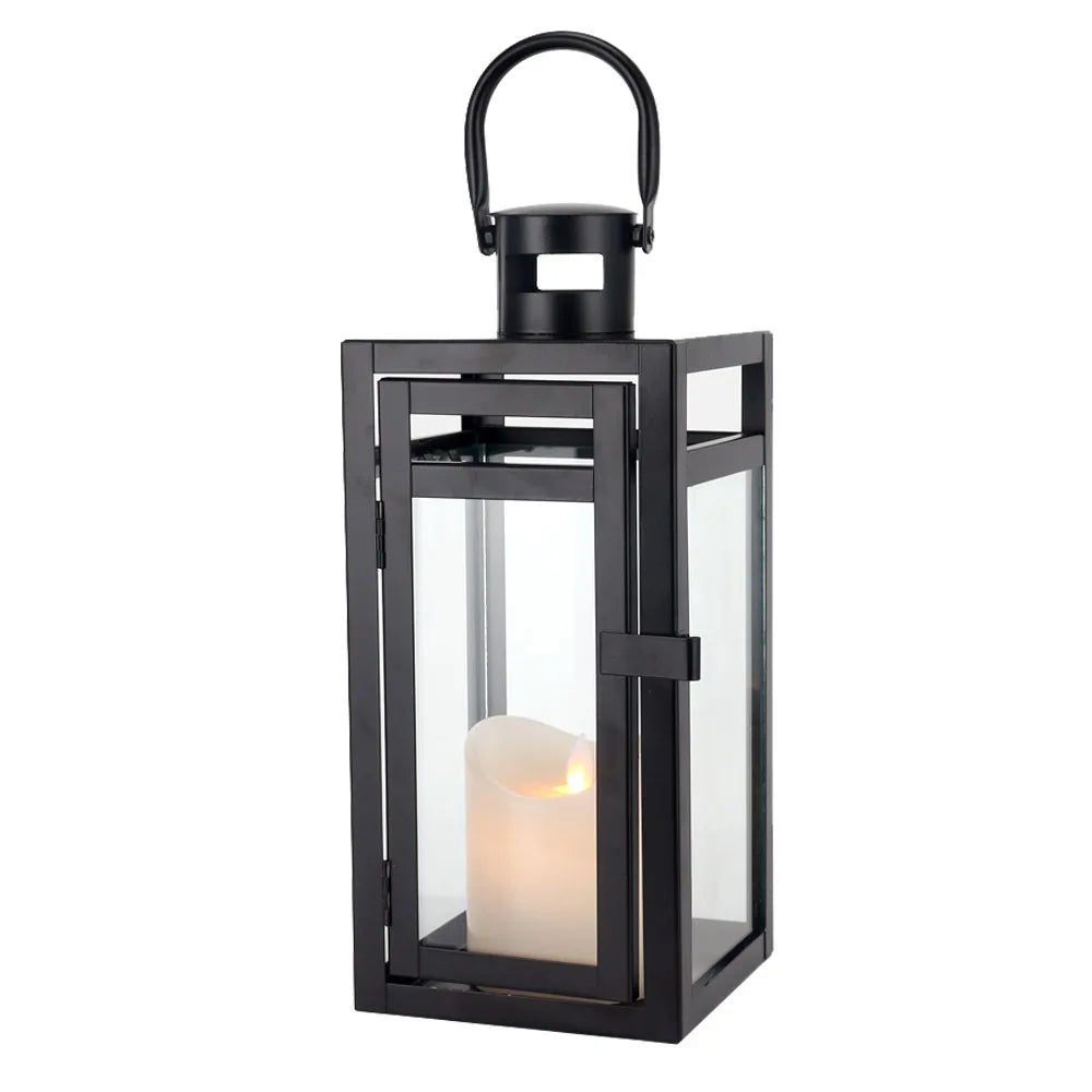 Small Black Candle Lantern Metal Tempered Glass Candle Holder for Garden Home Decoration
