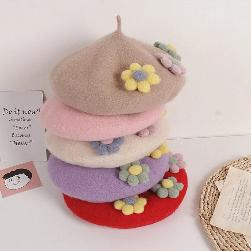 Adult Women's Tricolor Felt Flower Soft Texture Beret Hat Four Seasons Outdoor Party Daily Casual Customizable