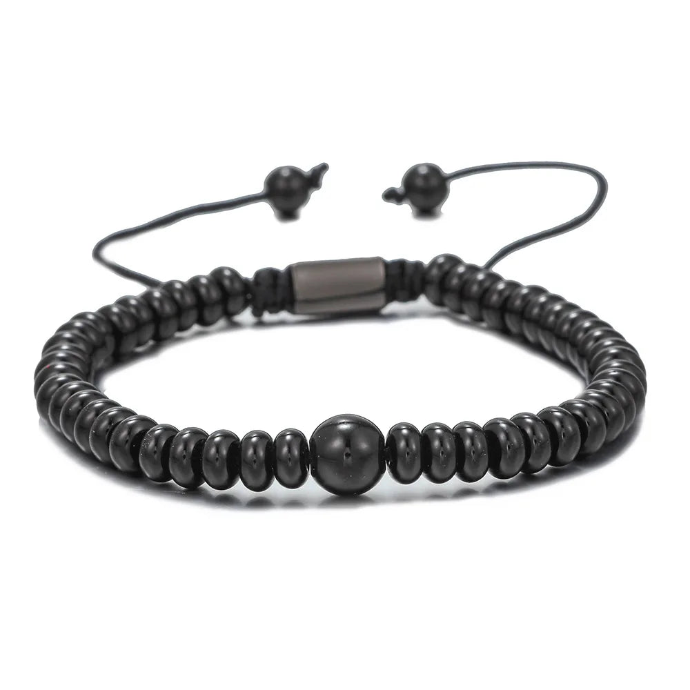 8mm Adjustable Black Diamond Men's Natural Stone Woven Rope Bead Bracelet