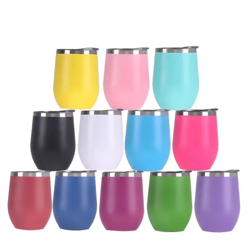 8oz 12oz Custom Logo Egg Shape Wine Tumbler Double Wall Stainless Steel Stemless Glass with Lid and Straw Colored Gift Set