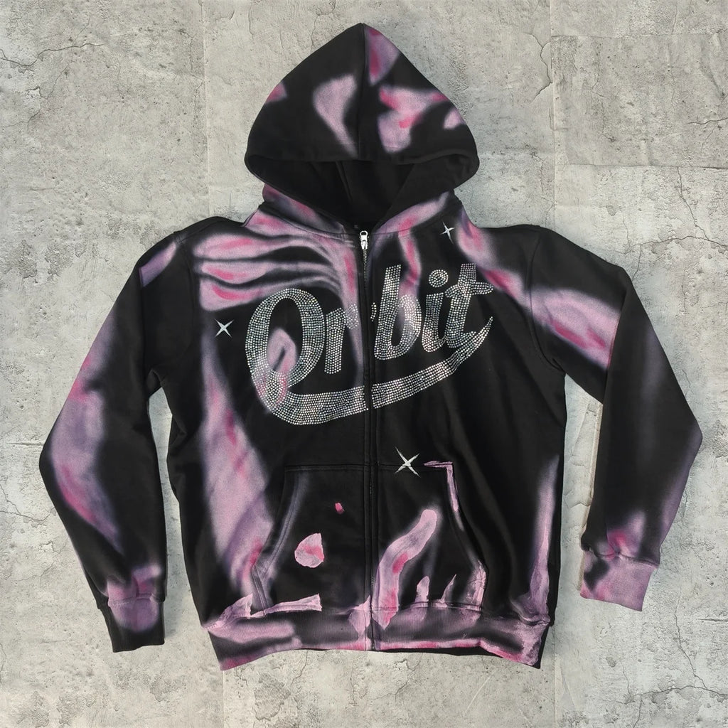 OEM Blank Heavyweight Sun Faded Zip up Hoodies Streetwear French Terry Cotton Black Zipper Rhinestone Acid Wash Hoodie