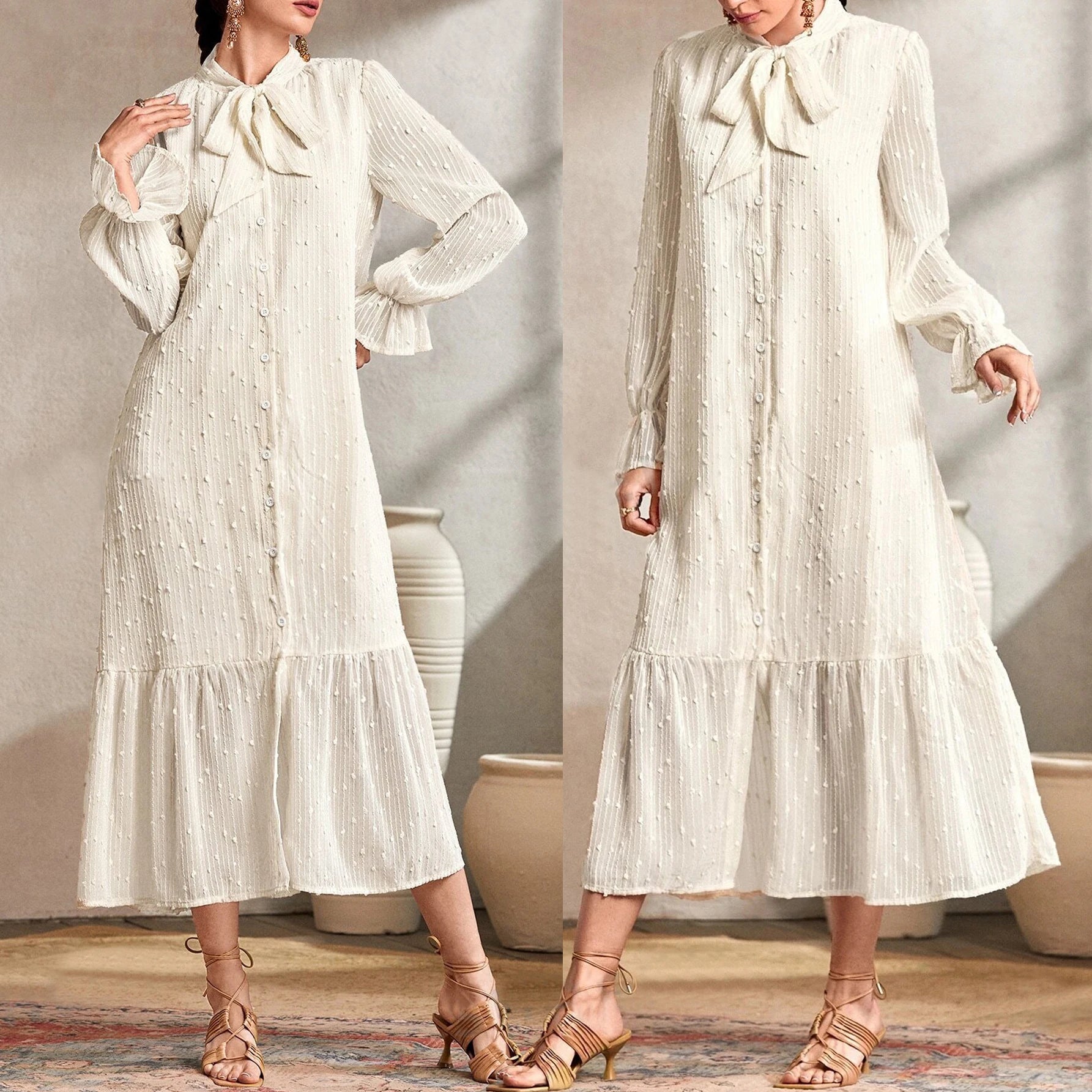 Beautiful Women Clothing Islamic Dress Button Bell Sleeve Tiered Ruffled Abaya Elegant Dress for Muslimah