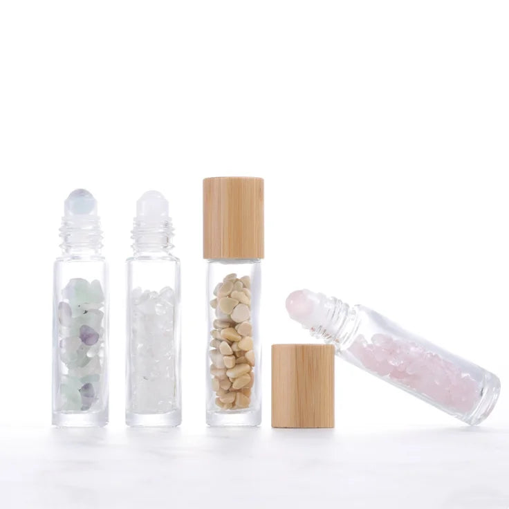Luxury 14 Colors Gemstone Jade Roller Ball Bottle 10ml Empty Refillable Glass Roll on Perfume Bottle with Bamboo Lid