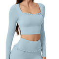 Nylon Four-way Stretch Fitness T-Shirt Long Sleeve U-Neck Quick Dry Elastic Waist Cropped Design Sports Pad for Gym Yoga Size XS