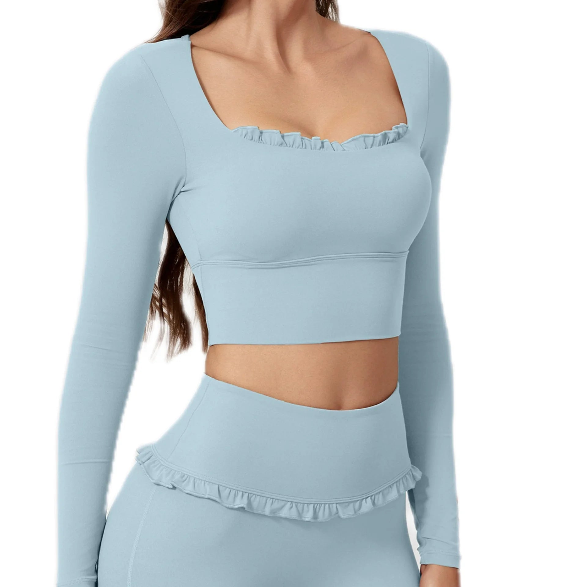 Nylon Four-way Stretch Fitness T-Shirt Long Sleeve U-Neck Quick Dry Elastic Waist Cropped Design Sports Pad for Gym Yoga Size XS