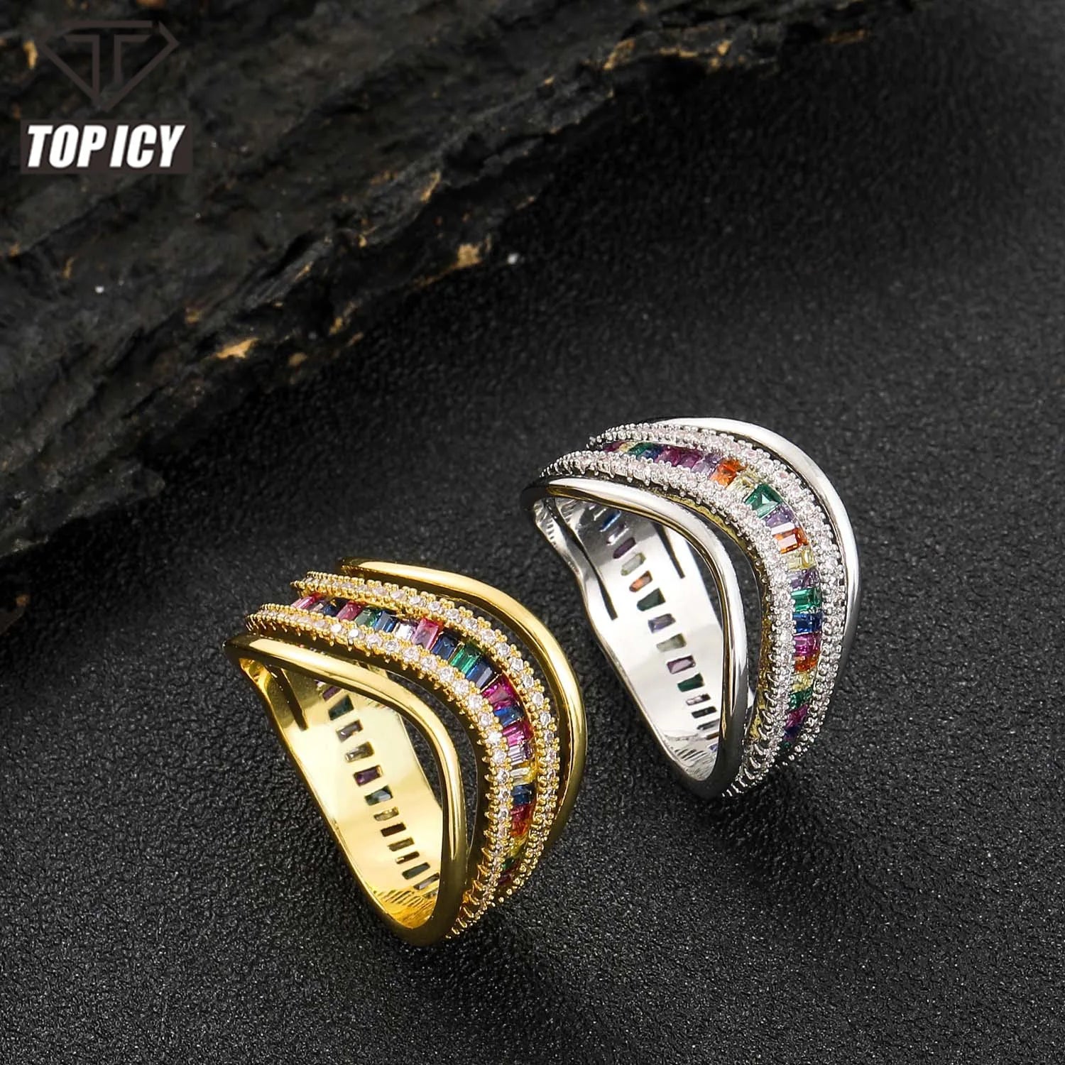 TOP ICY Multicolor Diamond Irregular Shape Men's Ring Iced Out Brass 18K Gold Plated Baguette Cubic Zirconia Luxury Men Ring