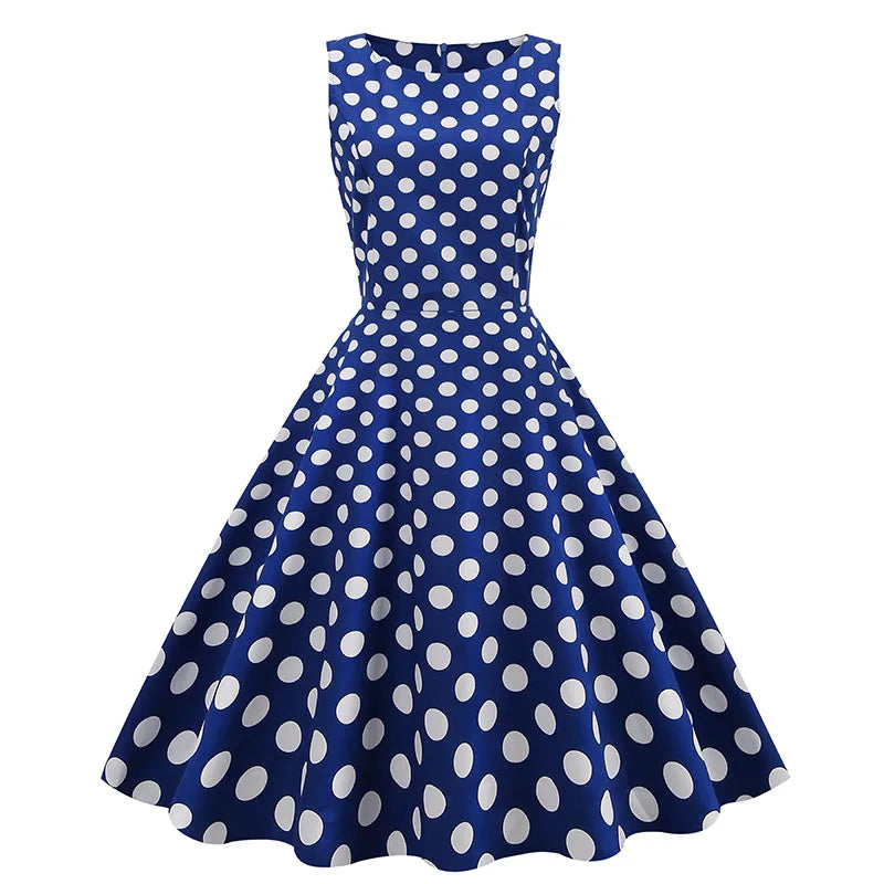 Wholesale Cotton Polka Dot Printed Sleeveless Retro Swing Skirt Blue 70s Lady Vintage Dress