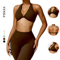 High Quality Gym Apparel Training V Neck Front Twist Halter Neck Sports Bra Crop Top Women Elastic Backless With Pads Yoga Bra