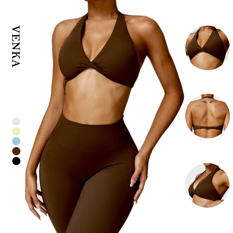 High Quality Gym Apparel Training V Neck Front Twist Halter Neck Sports Bra Crop Top Women Elastic Backless With Pads Yoga Bra