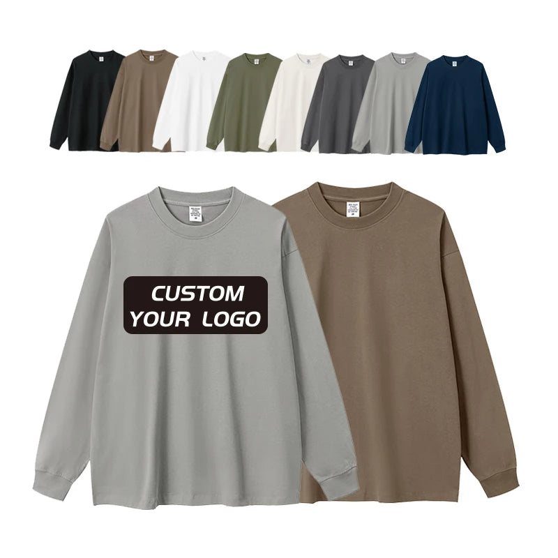 High Quality Custom Logo  Cotton Tee Printed Heavy Weight 225 GSM White Long Sleeve T Shirts for Men