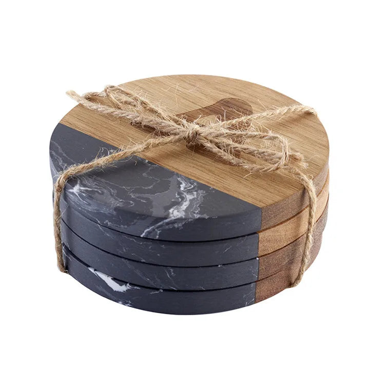 Marble Coaster Ceramic Non-slip Insulation Kitchen Table Home Decoration Natural Marble Stitching Wooden coaster