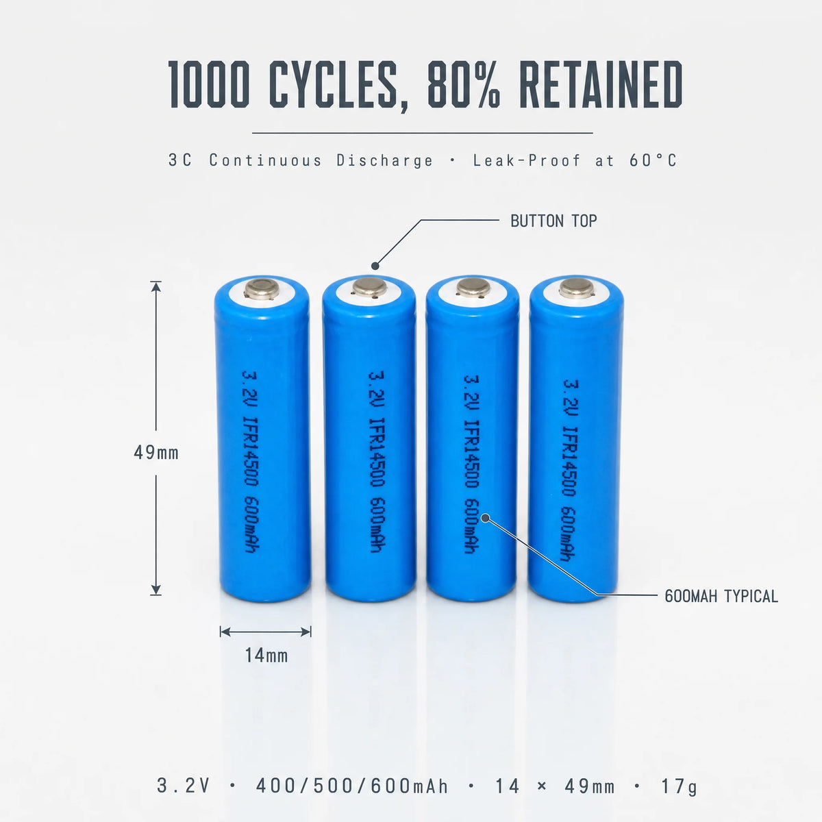 IFR14500 3.2V LiFePO4 Battery Cell 14500 AA 400mAh 500mAh 600mAh AA Rechargeable LFP Cylindrical Cells for Solar Light Battery MegaBDM