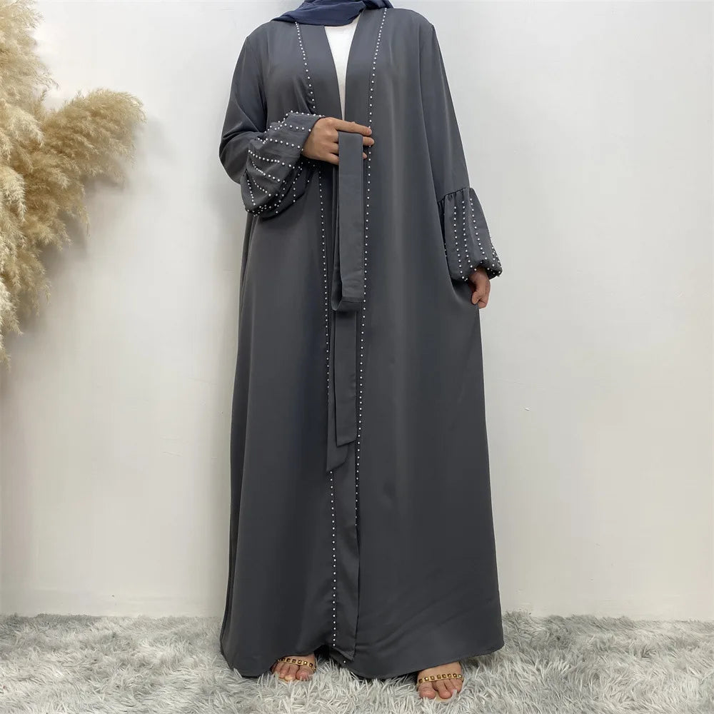 2024 New Style Arabian Dubai Middle Eastern Ladies Fashionable and Elegant Solid Color Beaded Muslim Lace-up Cardigan Robe for M