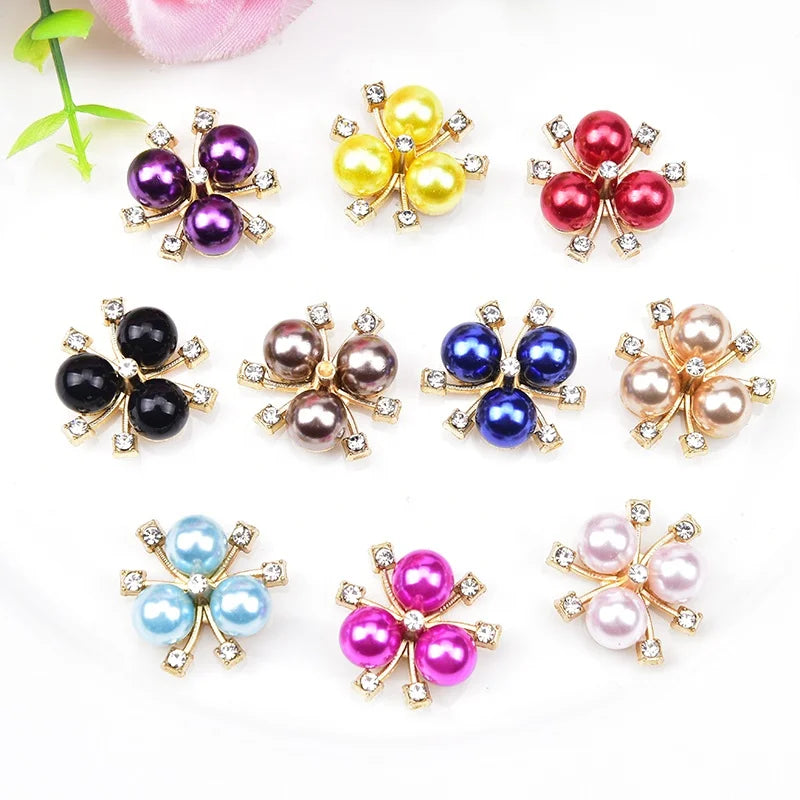 Colored Three Pearl Rhinestone Flower Flat Back Alloy Crystal Button Clothing Cuffs Wedding Fan Decoration Accessories