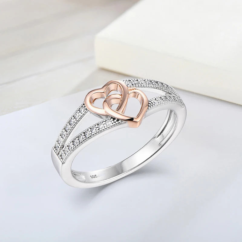 New Arrival Customized 925 Sterling Silver Women's Ring Double Heart Shaped Diamond Rose Gold Rhodium Finish Classic Zircon