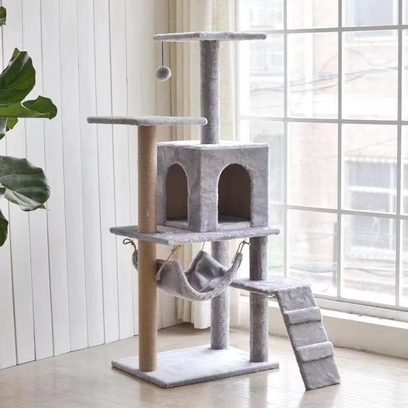 Wholesale Cat Tree Scratcher Climbing Cat Condo with Platform Hammock Plush Tower House Furniture Made of Wood