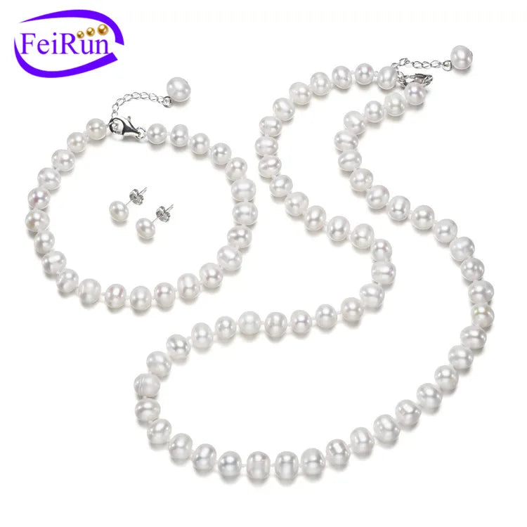 FEIRUN 7-8mm Potato AA- Grade Natural Freshwater 925 Silver White Pearls Necklace Bracelet Earring Set Jewelry