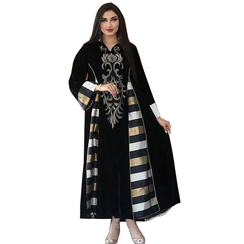 Women Embroidered Long Sleeve Abaya Muslim Arabian Modest Dubai Lanna Black S-XXL
