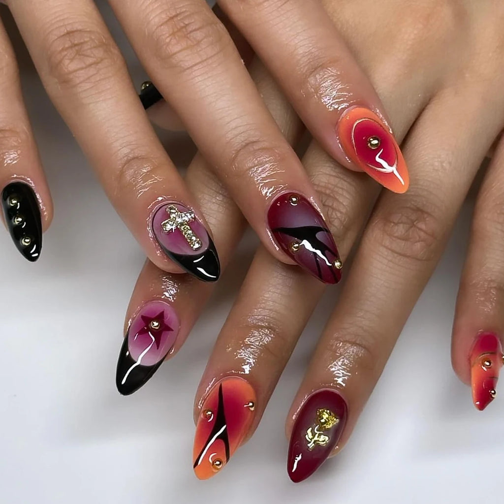24 Pcs Pointed Metal 3D Rose Almond Shape French Ombre Spicy Girl Cross Acrylic Press on Nails Customize False Nails 3563