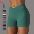 High Waist Solid Seamless Elastic Waist Women Gym Scrunch Butt Shorts Cross Front Workout Yoga Shorts