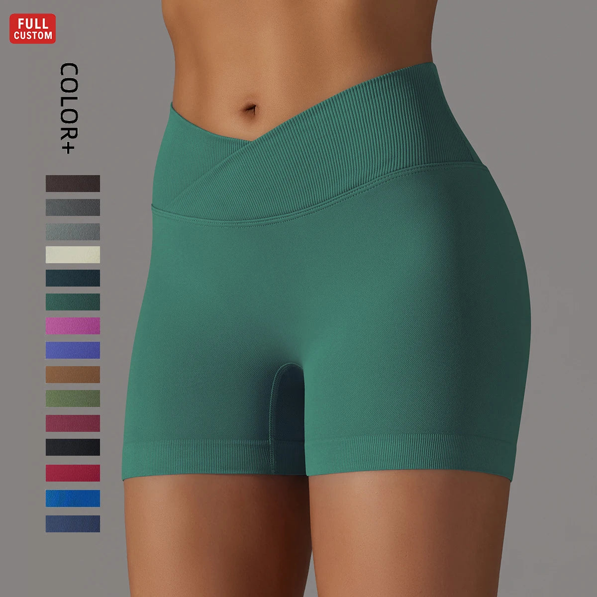 High Waist Solid Seamless Elastic Waist Women Gym Scrunch Butt Shorts Cross Front Workout Yoga Shorts