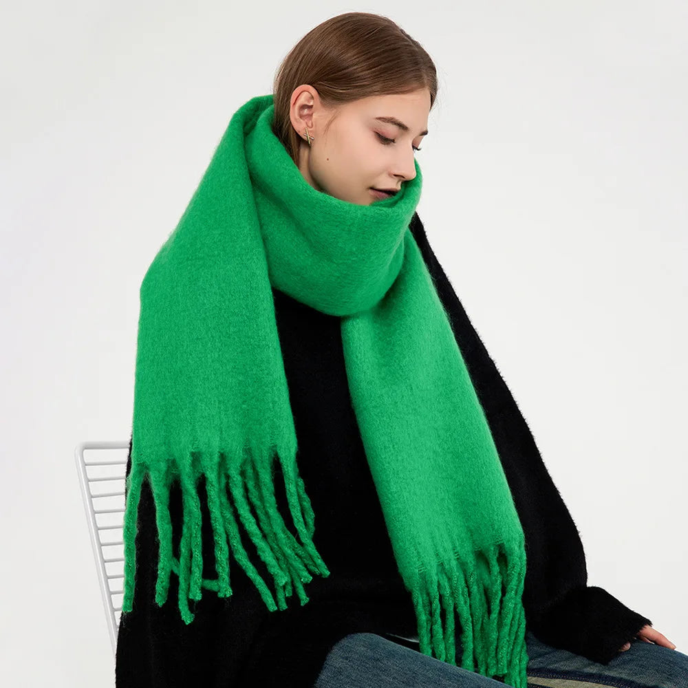 Winter Custom Solid Color Scarves Cashmere Soft Warm Thickened Mohair Scarf With Tassel for Women