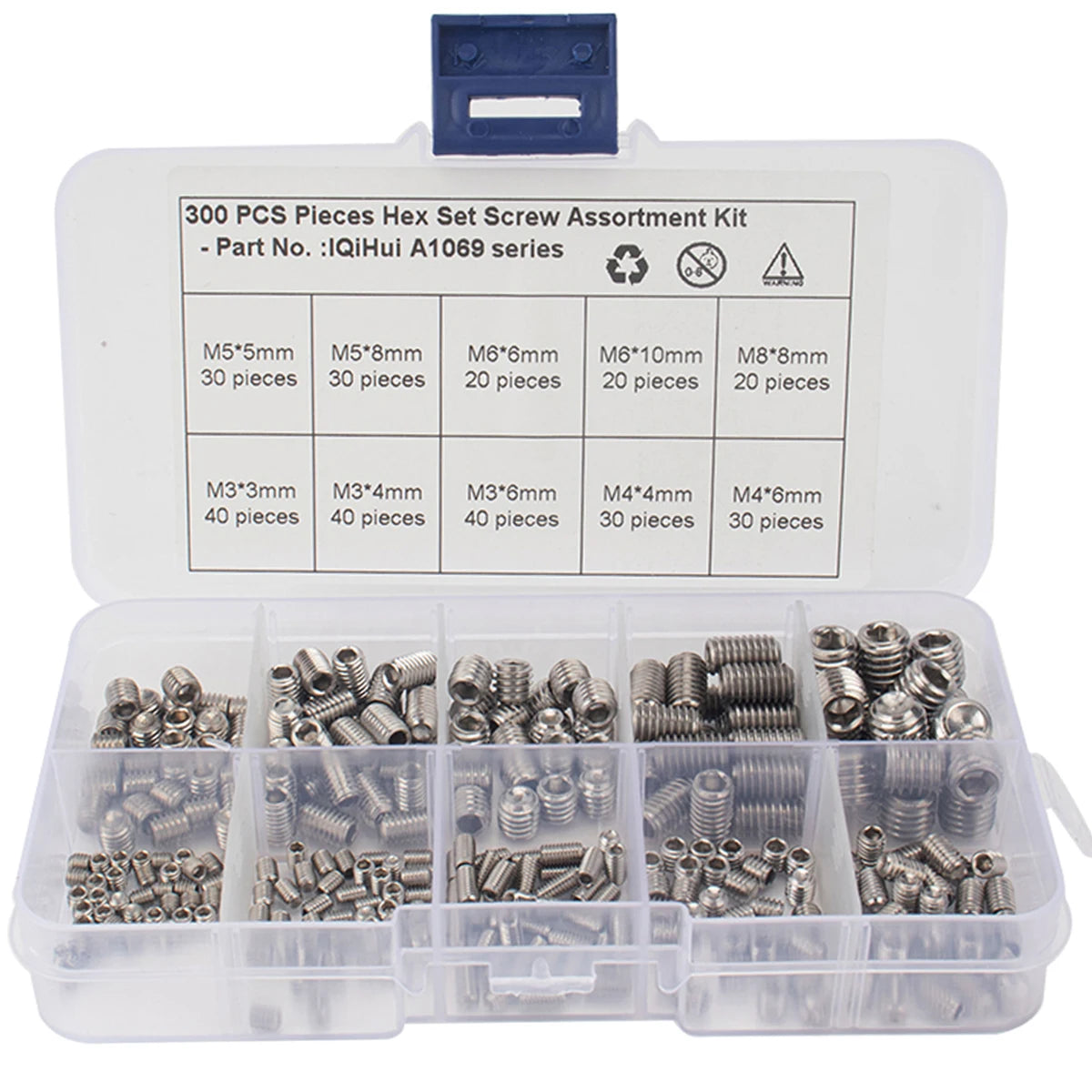 BAJUTU 300pcs Grub Screws Assorted Kit 304 Stainless Steel Headless Flat Point Inner Hexagon Socket Set Screws for Vehicle
