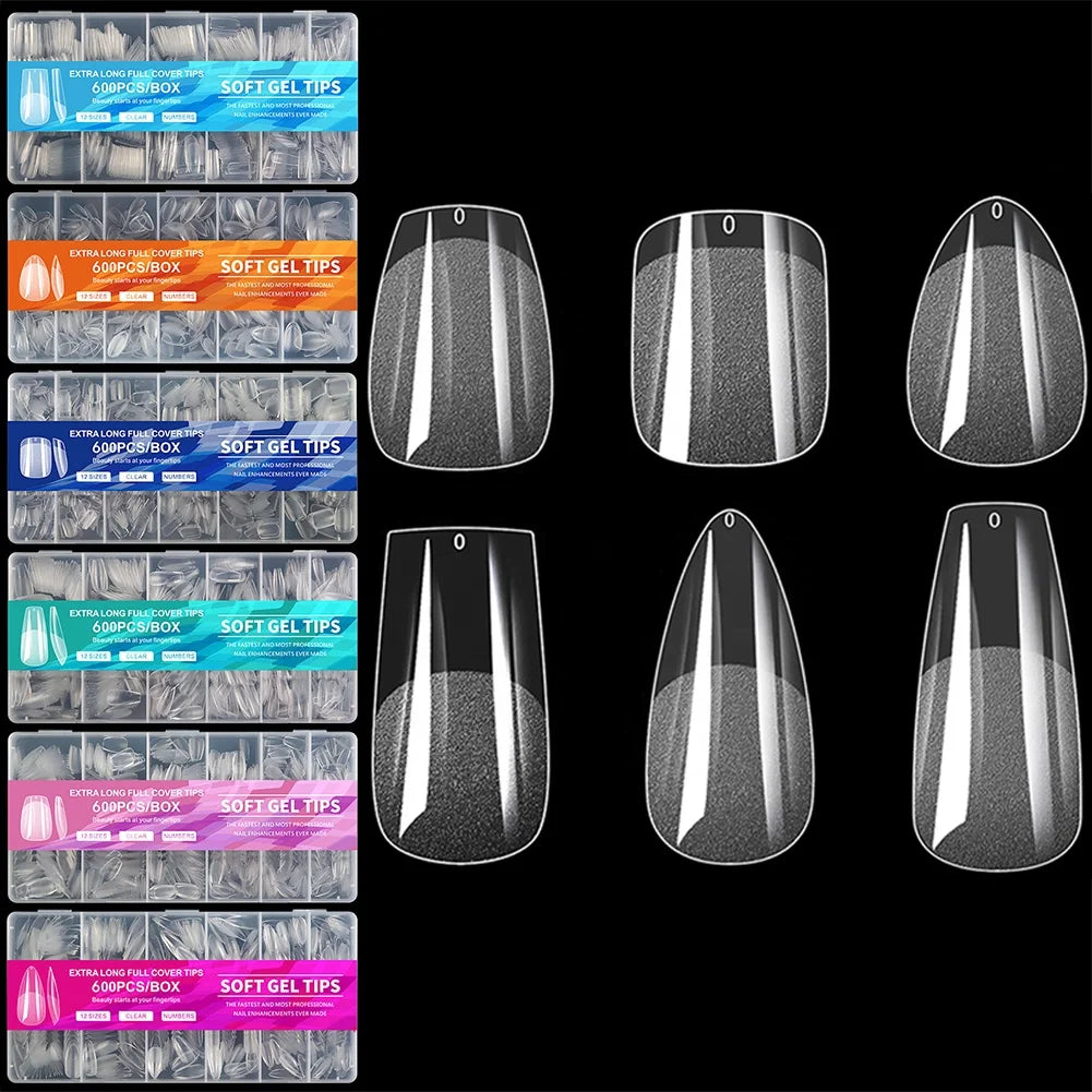 600pcs/Box Transparent Gel X Full Cover Extension False Nail Curved Press on Nails Soft Gel Long Nail Tips