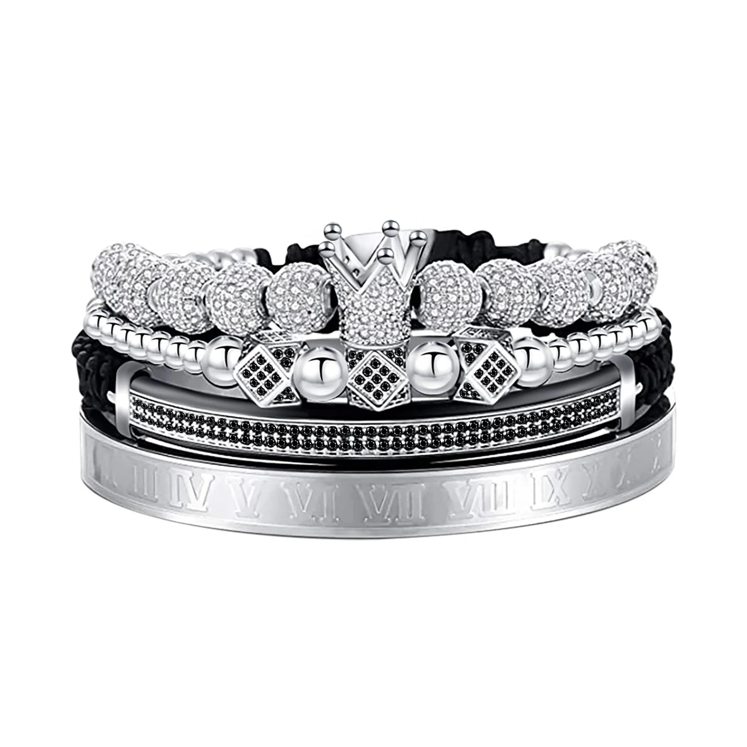 Luxury Handmade Jewelry 4Pcs/Set Zircon Crown Bracelet Stainless Steel Roman Numbers Engraved Bangle